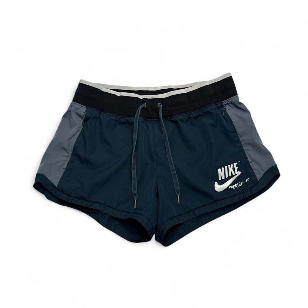 Nike windbreaker archive navy blue shorts with gray side panels, size M